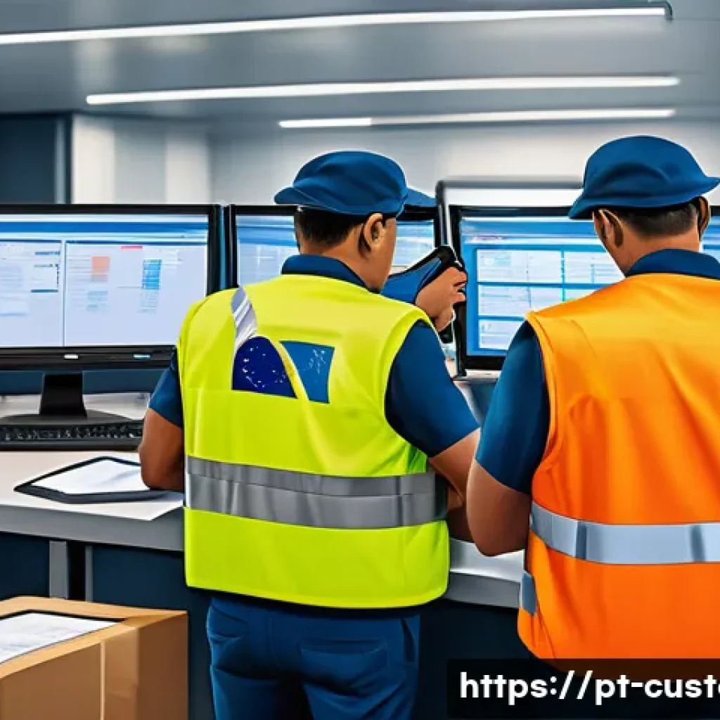 관세사와 국제 세금 이슈 - A detailed illustration of a modern customs office in Brazil, featuring customs officers examining s...