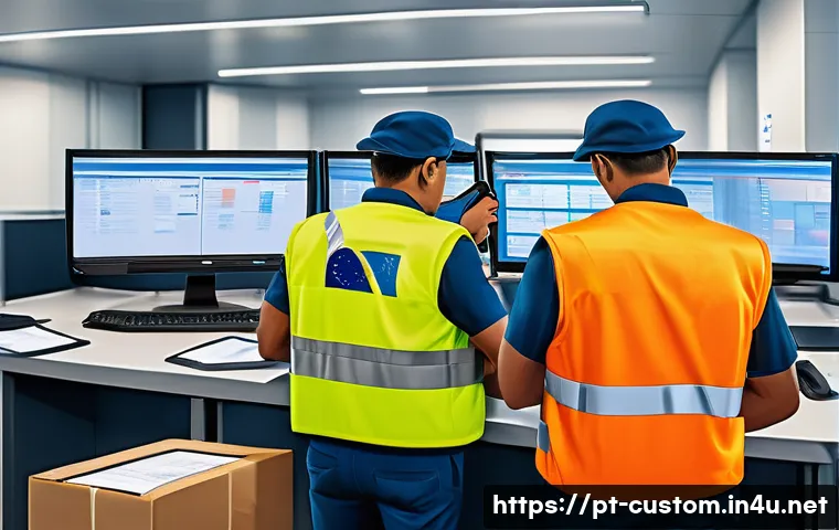 관세사와 국제 세금 이슈 - A detailed illustration of a modern customs office in Brazil, featuring customs officers examining s...