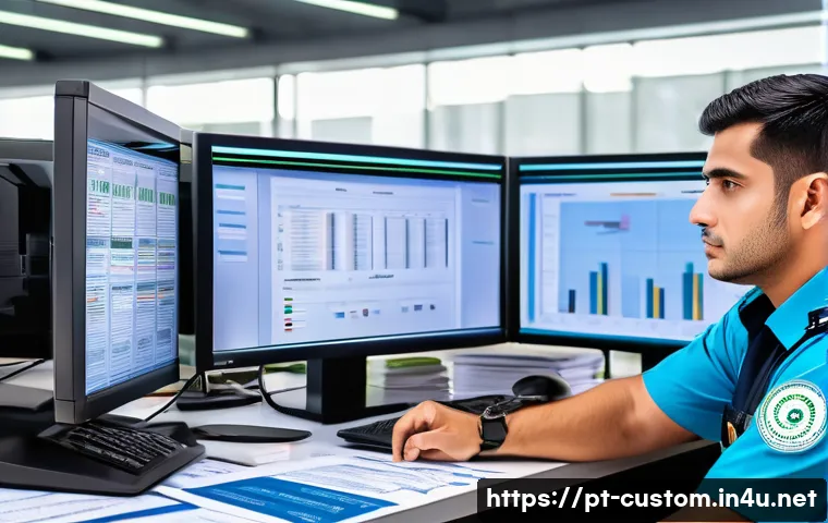 관세사 시험 1차 과목 분석 - A professional Brazilian customs officer at a modern office desk, analyzing detailed import-export d...
