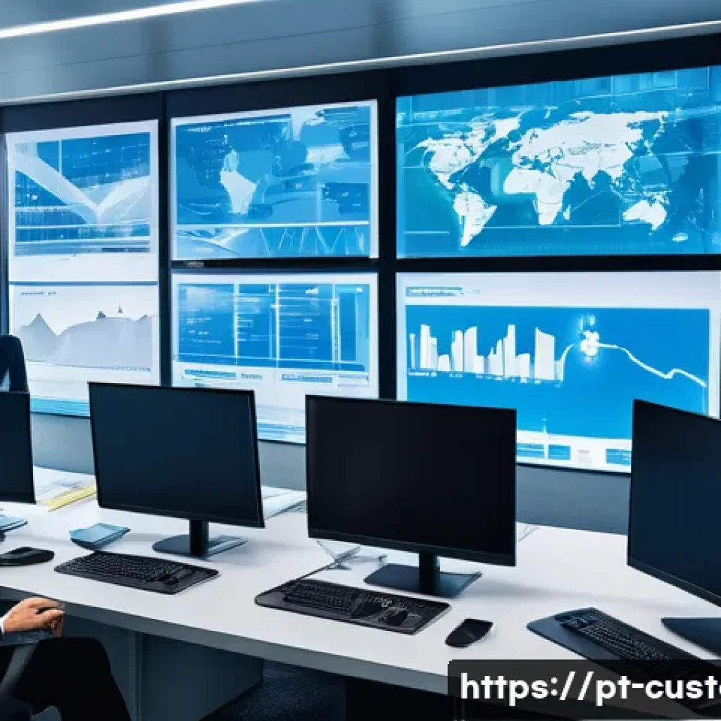 관세사와 인증 수출자 등록 - A professional customs broker in a modern office setting, surrounded by multiple screens displaying ...