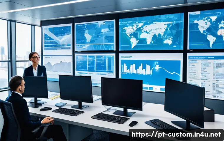 관세사와 인증 수출자 등록 - A professional customs broker in a modern office setting, surrounded by multiple screens displaying ...