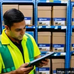 Home 19 HS 코드와 품목분류 사례 - A modern Brazilian customs warehouse scene showing diverse import products neatly organized with cle...