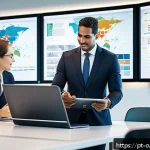 Home 23 FTA 협정 변경 시 대응 방법 - A modern corporate office setting showcasing a diverse team of professionals in business attire enga...