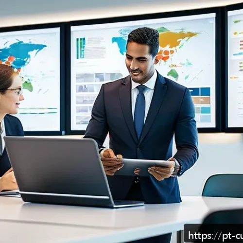 Home 17 FTA 협정 변경 시 대응 방법 - A modern corporate office setting showcasing a diverse team of professionals in business attire enga...