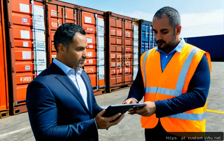 Home 17 관세사와 글로벌 공급망 관리 - Photorealistic customs broker and global supply chain manager reviewing a cargo shipment at the Port...